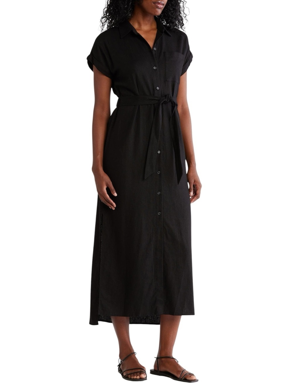 Calvin Klein Black Linen Button-Front Midi Shirt Dress with Waist Tie Size M